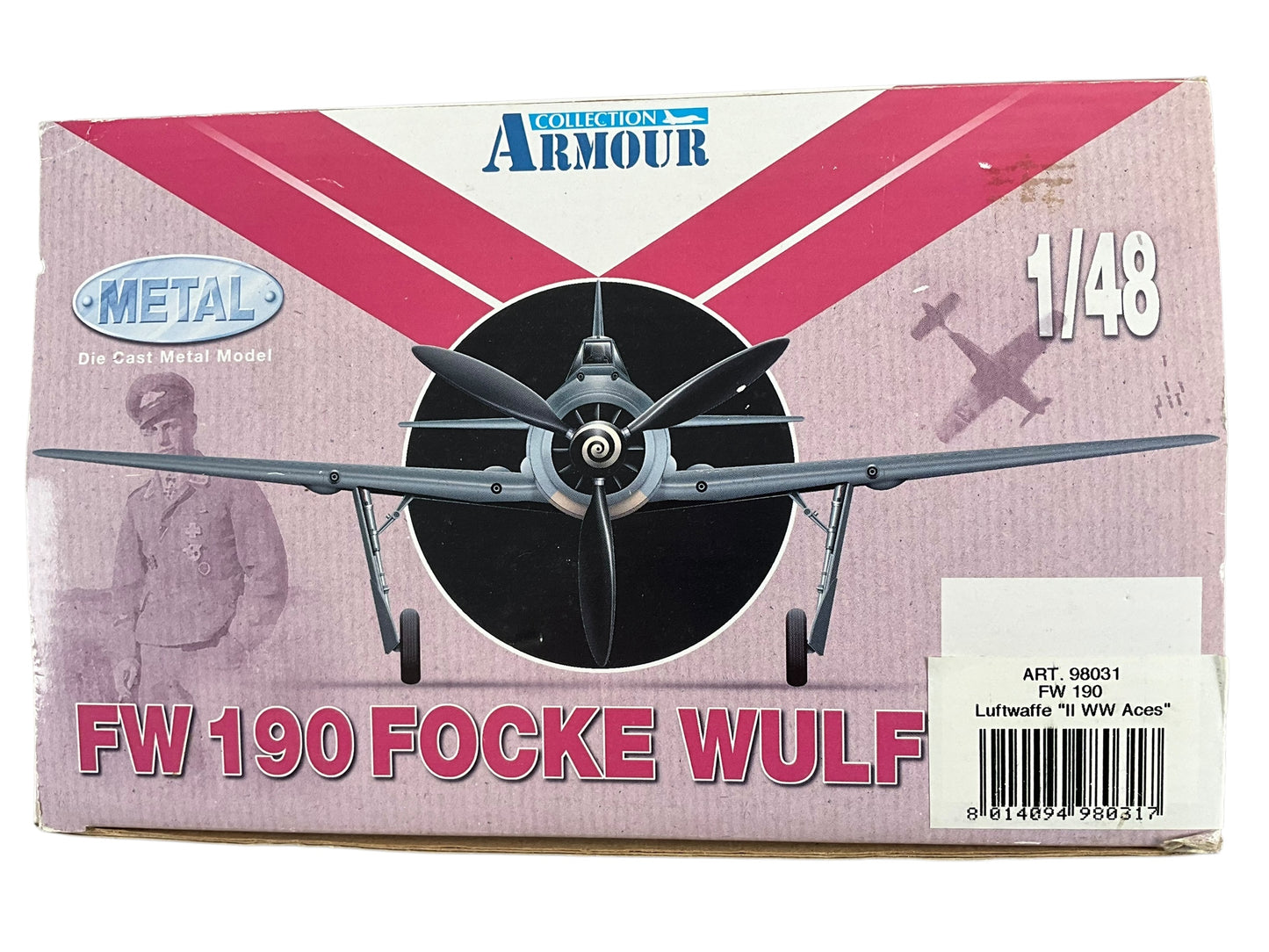 1/48 Armour/Franklin Mint (ART.98031/B11B224) Focke Wulf FW190-A4 Dessert Cammo, flown by Gruppenkommandeur Jagdgeschwader 11 (JG 11—11h Fighter Wing) Adolf Dickfeld (136 Kills) II./JG 2, Deutsche Reich Luftwaffe, Tunísia 1943 (Limited Edition)