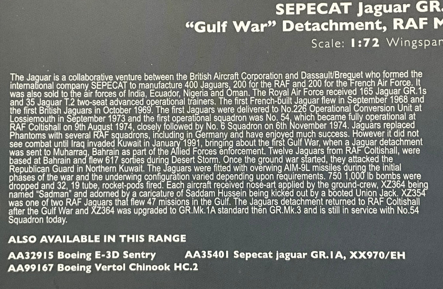 1/72 Corgi (AA35402) Sepecat Jaguar GR.1A "Sadman" (XZ2364) "Gulf War" Muharraq, Bahrain No.54 Sqdn R.A.F. 1991 (Limited Edition #1418 of 3200)