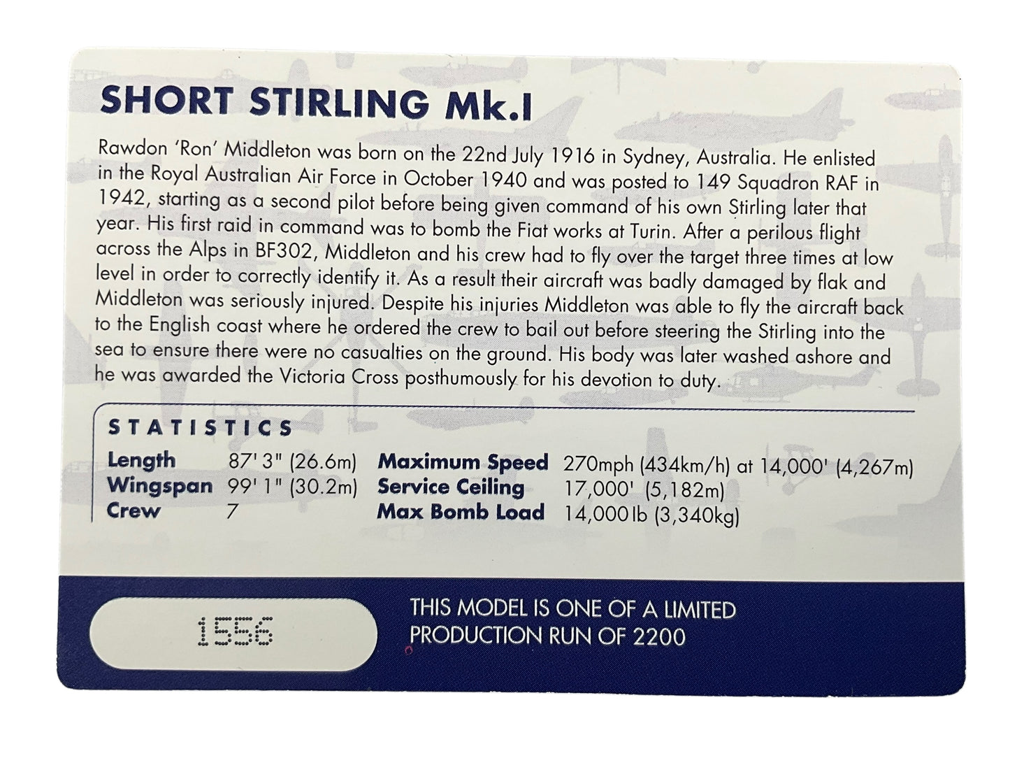 1/72 Corgi (AA39502) Short Stirling MK.I (BF372 /OJ+H) flown by F/SGT Rawdon ‘Ron’ Middelton V.C., 149 Sqdn R.A.F. (Limited Edition #1556 of Only 2200)