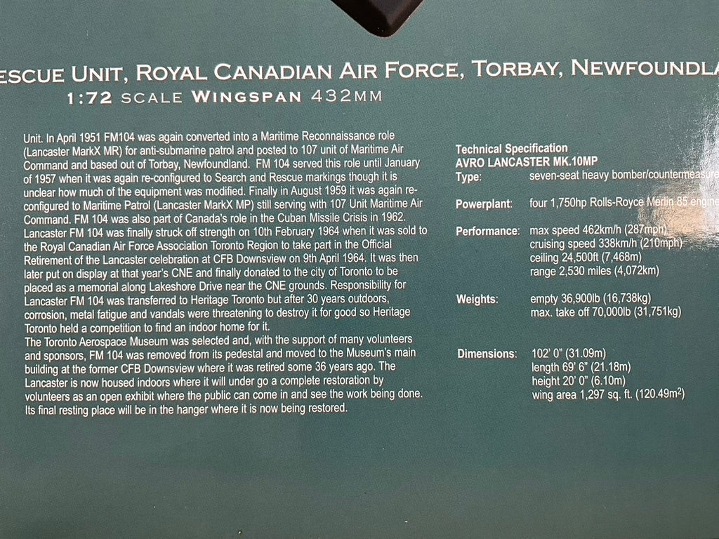 1/72 Corgi (AA32606) Victory Aircraft (Avro) Lancaster MK.10MP (FM104) 107 Rescue Unit, Maritime Air Command, Royal Canadian Air Force, Torbay, Newfoundland 1963 (Limited Edition #403 of ONLY 2000)