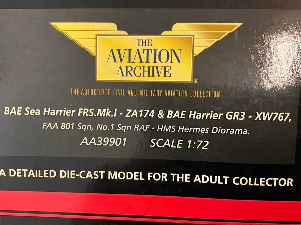 1/72 Corgi (AA39901) B.A.E. Sea Harrier FRS.Mk1 (ZA174) FAA 801 & Harrier GR3 (XW767) No.1 Sqn RAF HMS Hermes Diorama (Limited Edition #1331 of ONLY 1460)