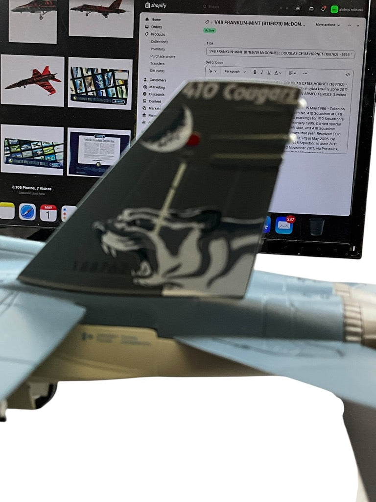 1/48 FRANKLIN-MINT (B11E679) McDONNELL DOUGLAS CF188 HORNET (188762) - 1993 "50th Anniversary of 410 Cougars Sqdn" Airshow Livery - in Lybia No-Fly Zone 2011 - 410 Sqdn C.F.B. Cold Lake, Alberta - CANADIAN ARMED FORCES (Limited Edition of Only 400)