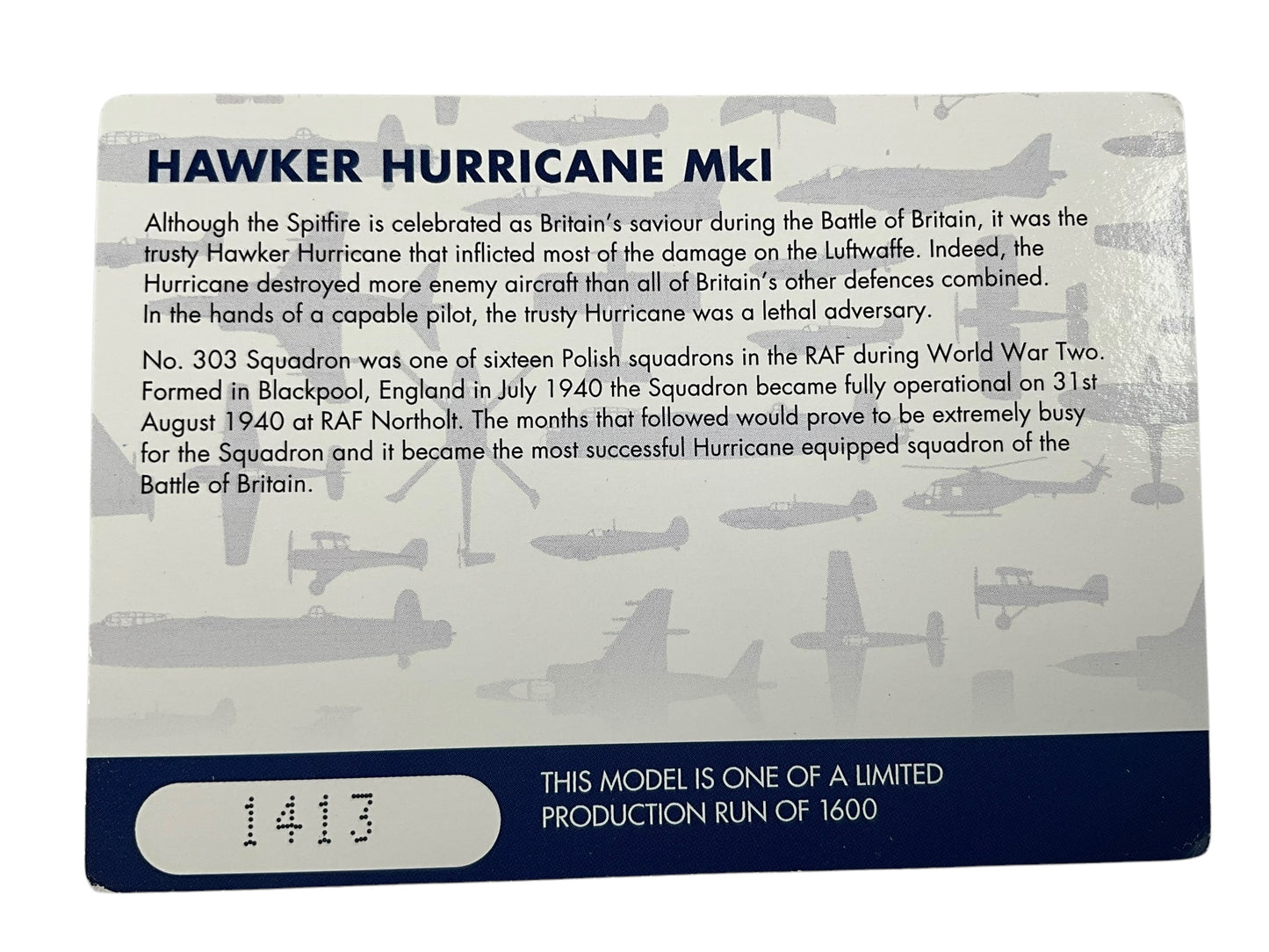 1/72 CORGI (AA27602) HAWKER-HURRICANE MK-1 (RF-A * P3120) FLG-OFF Z.K.HENNEBERG POLISH AIRFORCE 303-SQUADRON NORTHHOLT BATTLE of BRITAIN 1940 (LIMITED EDITION #1413 of Only 1600)