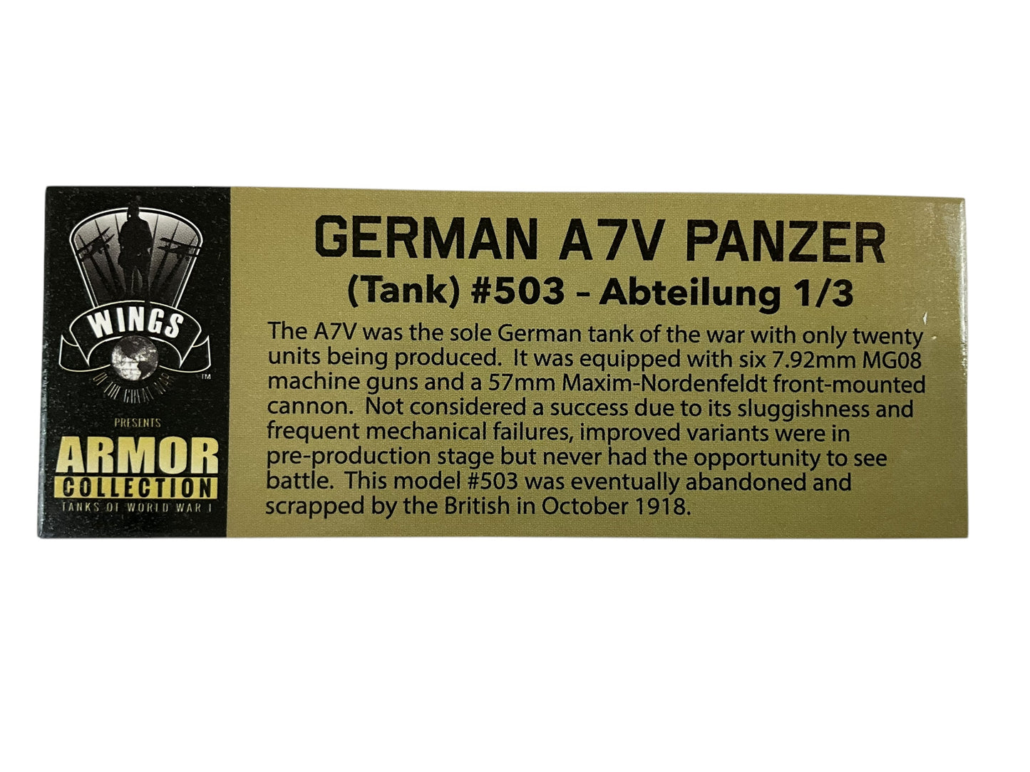 1/72 Wings of the Great War (WGW10002) WW-I German A7V Panzer (Tank) #503 Abteilung 1/3 Resin Model (Limited Edition)