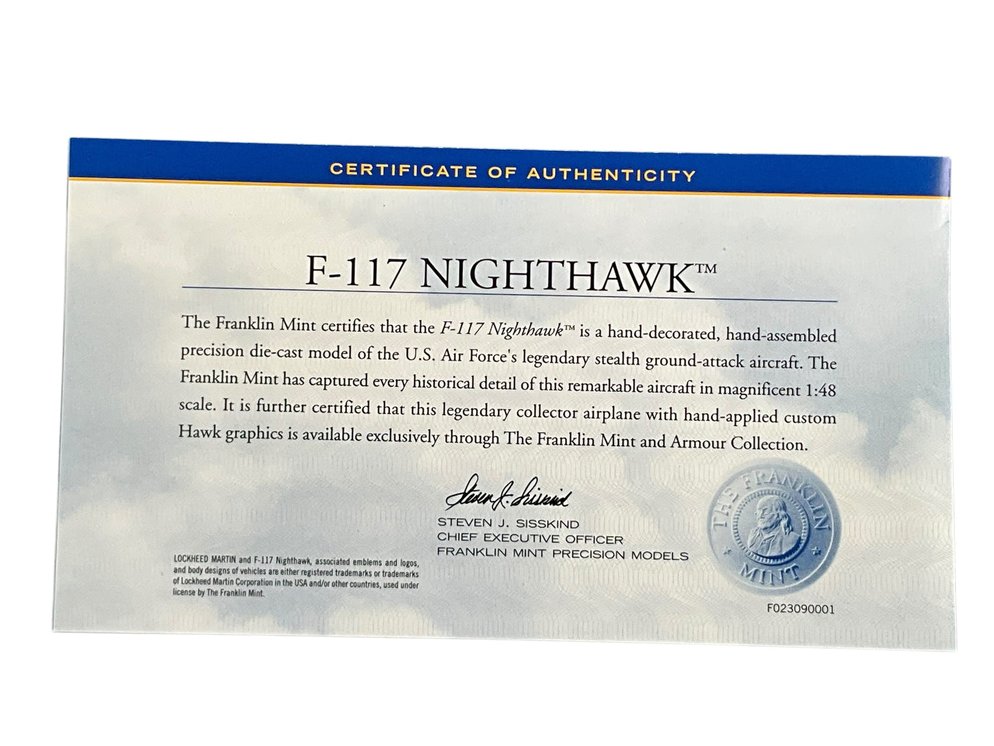 1/48 Franklin Mint (B11F023) Lockheed F117 Nighthawk (Stealth) "CUSTOM Hawk" Livery U.S.A.F. (Limited Edition)