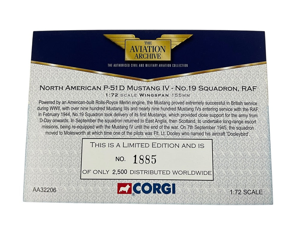 1/72 Corgi (AA32206) North American P51D Mustang IV (KM272) "DooleyBird" flown by Fl/Lt Dooley No.19 Sqdn R.A.F. England 1945 (Limited Edition #1885 of Only 2500)