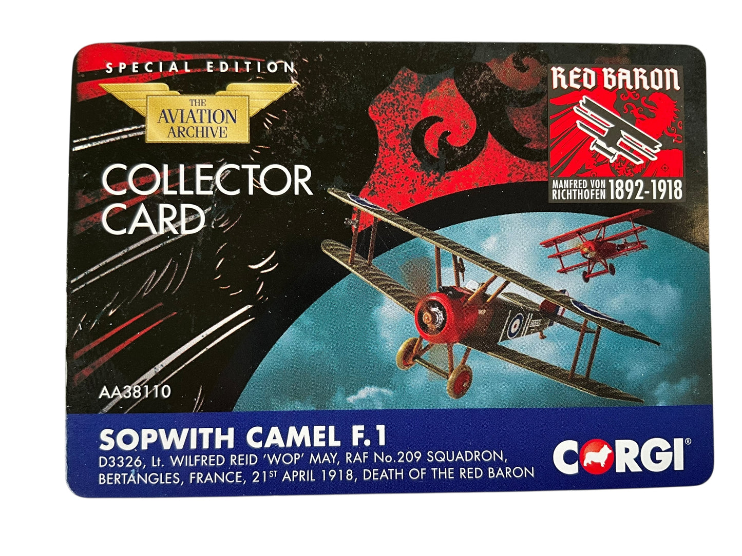 1/48 Corgi (AA38110) Slopwith Camel F.1 (D3326) flown by Lt. Wilfred Reid "Wop" May No. 209 Sqdn R.A.F. Bertangles. France, April 21st 1918, Death of the Red Baron (Limited Edition)