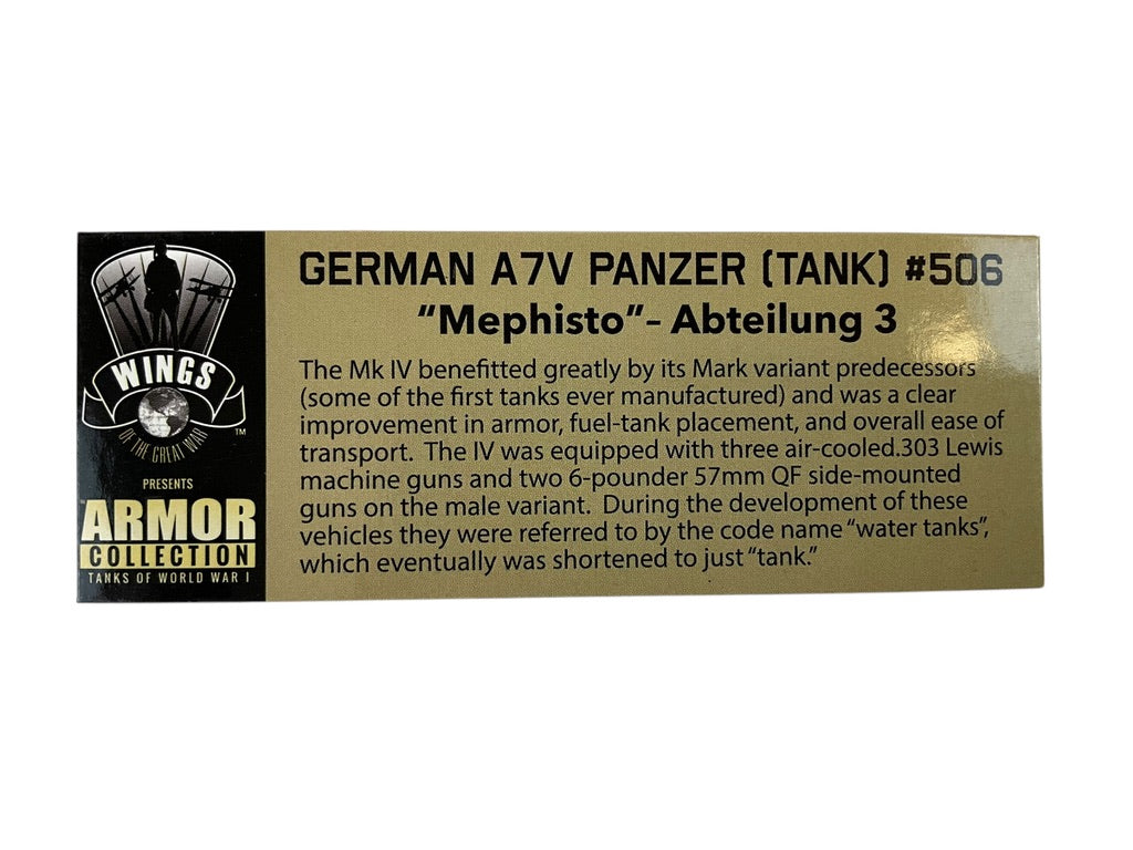 1/72 Wings of the Great War (WGW10204) WW-I German A7V Panzer (Tank) #506 "Mephisto" Abteitung 3 Resin Model (Limited Edition)