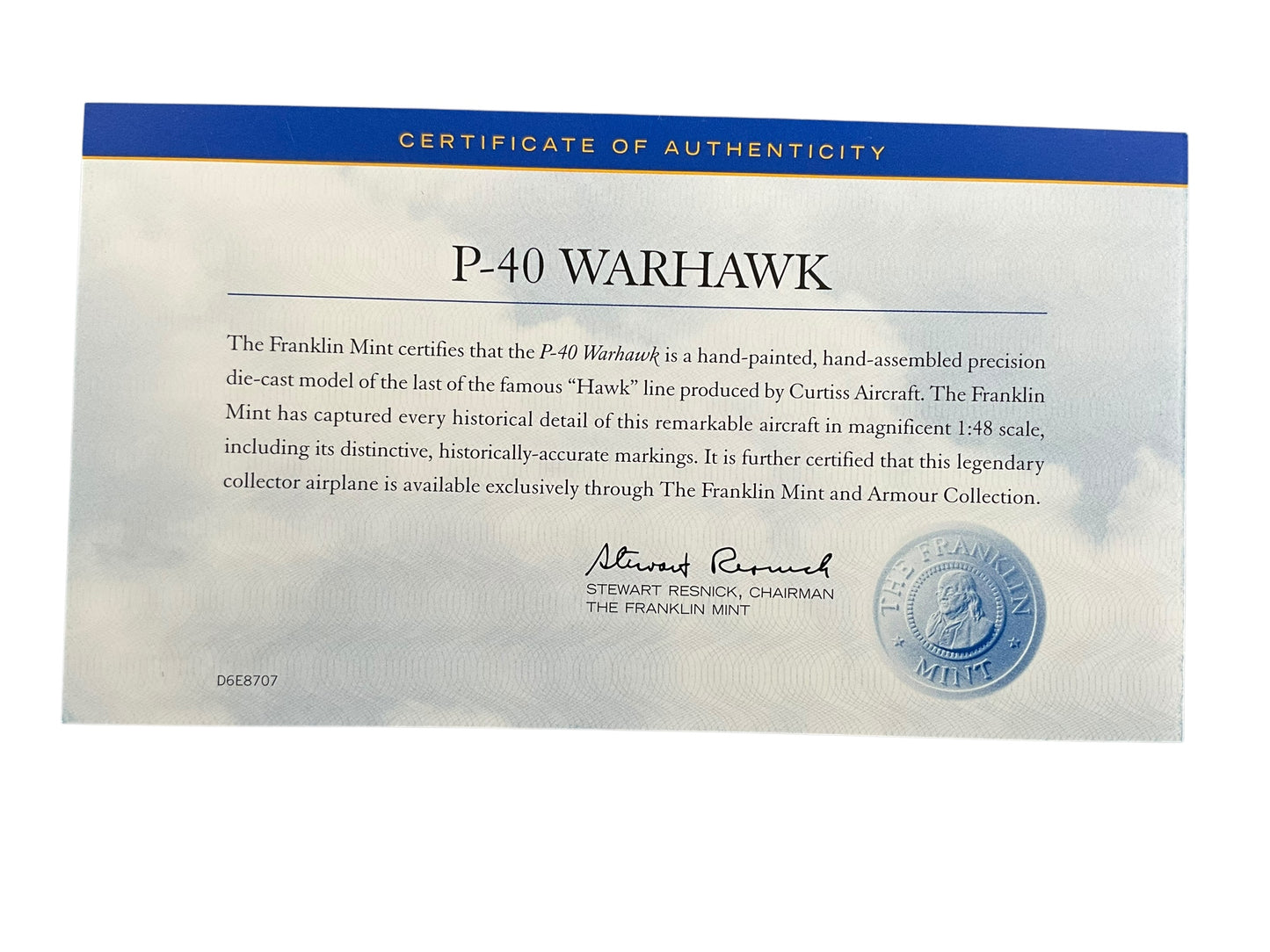 1/48 Franklin Mint/Armour (B11B628/98501) Curtiss P40 WarHawk (108) flown by WWII AVG "Ace" David Lee "Tex" Hill 2nd Pursuit Squadron "Flying Tigers" Chinese Nationalist Army Air Force (limited Edition)