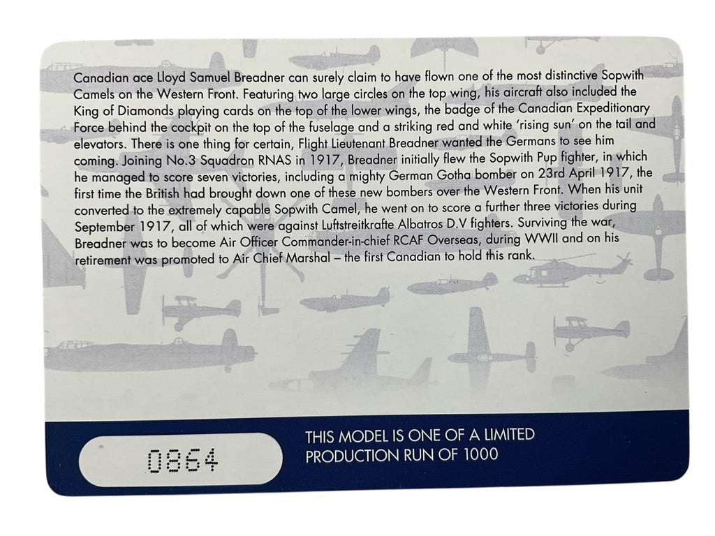 1/48 Corgi (AA38109) Sopwith F.1 Camel (B6491) flown by Flt/Lt Lloyd S, Breadner Naval 3 Sqdn R.N.A.S. Bray Dunes Aerodrome, France, 1918 (Limited Edition #0864 of Only 1000)