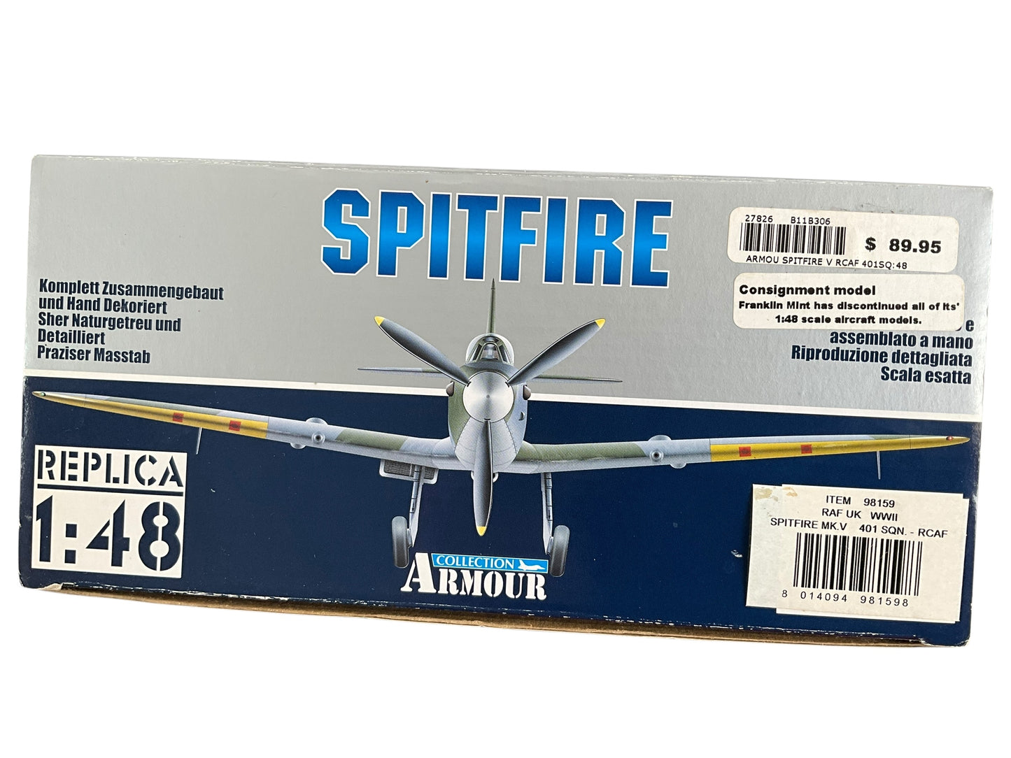 1/48 Armour/Franklin Mint (98159/B11B306) Supermarine Spitfire MK.Vb "Clipped Wings" (W3834/YO+Q) 401 "Ram " Sqdn R.C.A.F. (Limited Edition)