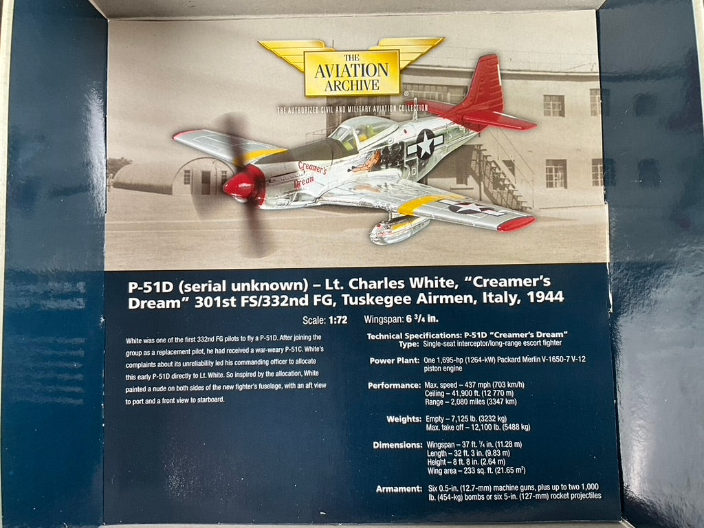 1/72 Corgi (US32215) North American P51D (Serial Unknown) "Creamer's Dream" flown by Lt. Charles White 301st FS/332nd FG "Tuskegee Airmen" Italy 1945 (Limited Edition #1674 of ONLY 2100)