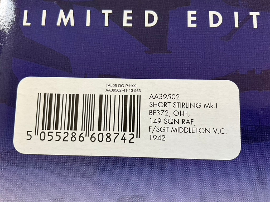 1/72 Corgi (AA39502) Short Stirling MK.I (BF372 /OJ+H) flown by F/SGT Rawdon ‘Ron’ Middelton V.C., 149 Sqdn R.A.F. (Limited Edition #1556 of Only 2200)