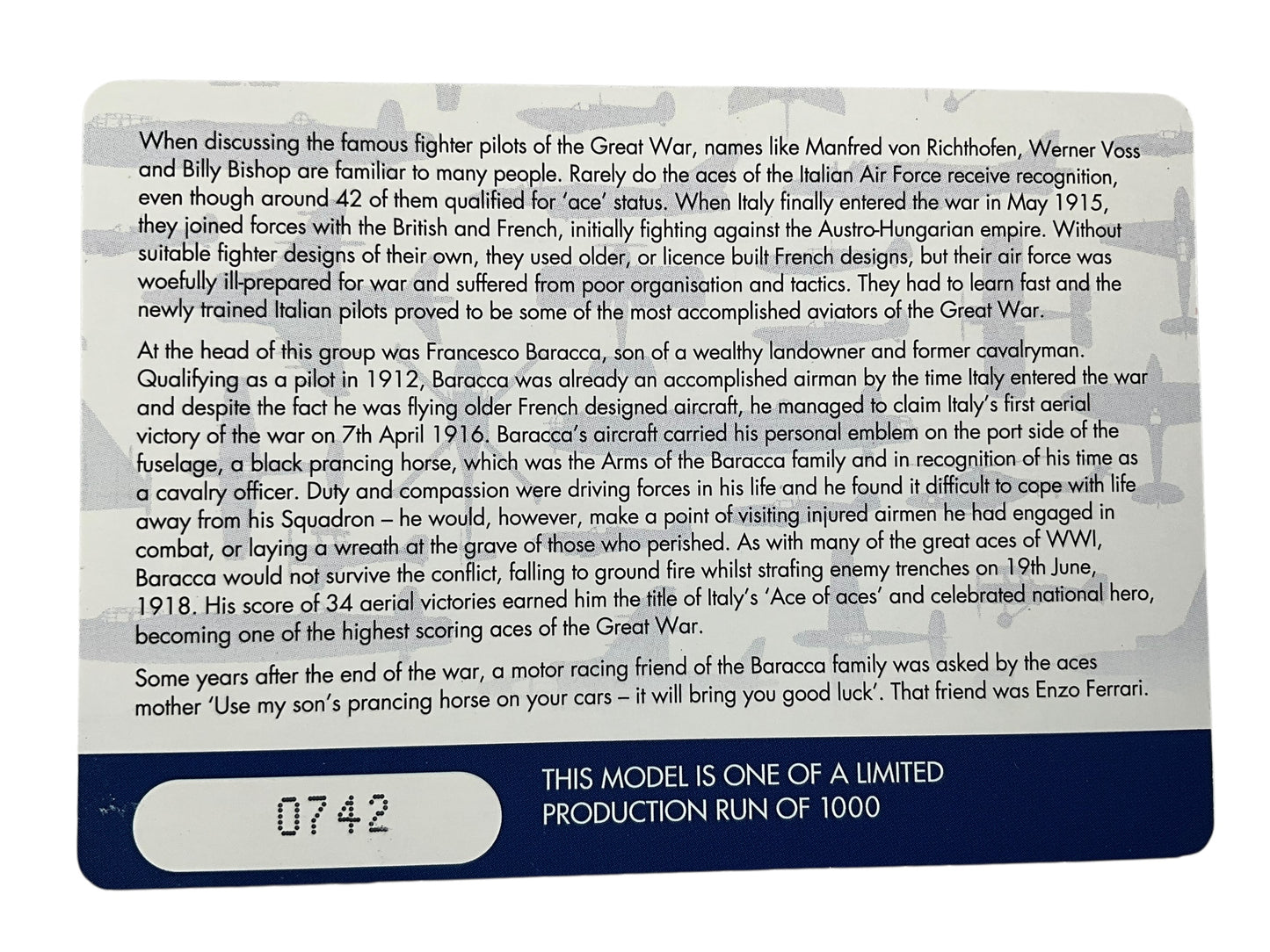 1/48 Corgi (AA37907) Spad XIII (S2445) flown by Major Francesco Baracca (34 Kills) "Italy's Ace of Aces" 91a Squadriglia Italian Army Air Force 1918 (Limited Edition #0742 of Only 1000)