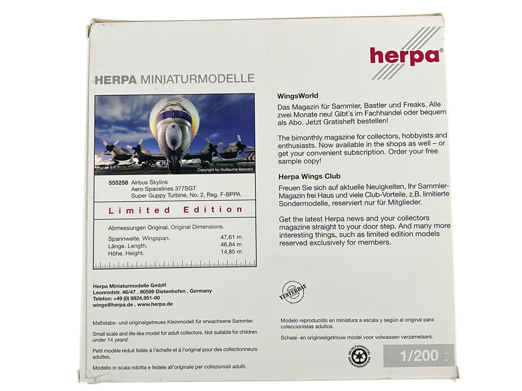 1/200 Herpa (555258) Aero Spacelines 377SGT Super Guppy Turbine (No.2/F-BPPS) Airbus SkyLink (Limited Edition)