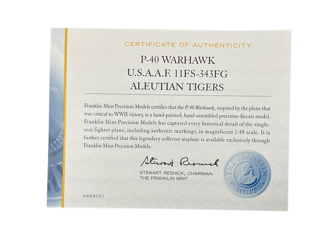 1/48 Franklin Mint/Armour (B11B544) Curiss P40 WarHawk "Aleutian Tigers" 343rd FG, 11th FS, U.S.A.A.F. (Limited Edition)