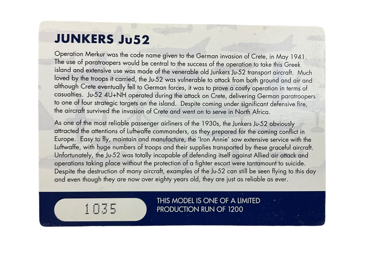 1/72 Corgi (AA36908) Junkers JU52 (4U-NH2) 2/KGzbV1 Operation Merkur, Crete 1941 (Limited Edition @1035 of Only 1200)