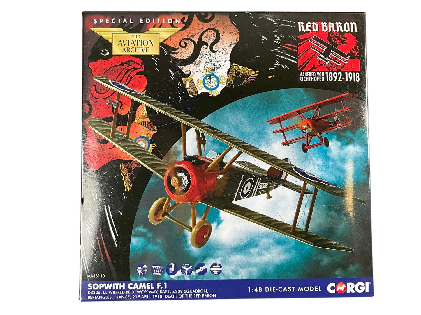 1/48 Corgi (AA38110) Slopwith Camel F.1 (D3326) flown by Lt. Wilfred Reid "Wop" May No. 209 Sqdn R.A.F. Bertangles. France, April 21st 1918, Death of the Red Baron (Limited Edition)