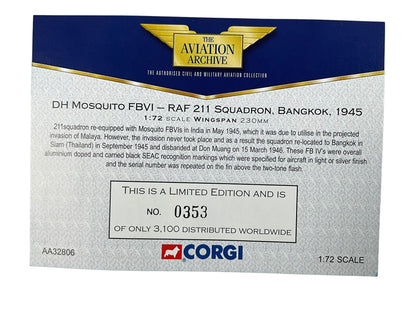 1/72 Corgi (AA32806) DeHavilland Mosquito FBVI (C / RF594) Bangkok, Thailand, Nov 1945, 211 Sqdn R.A.F. (Limited Edition #0353 of Only 3100)
