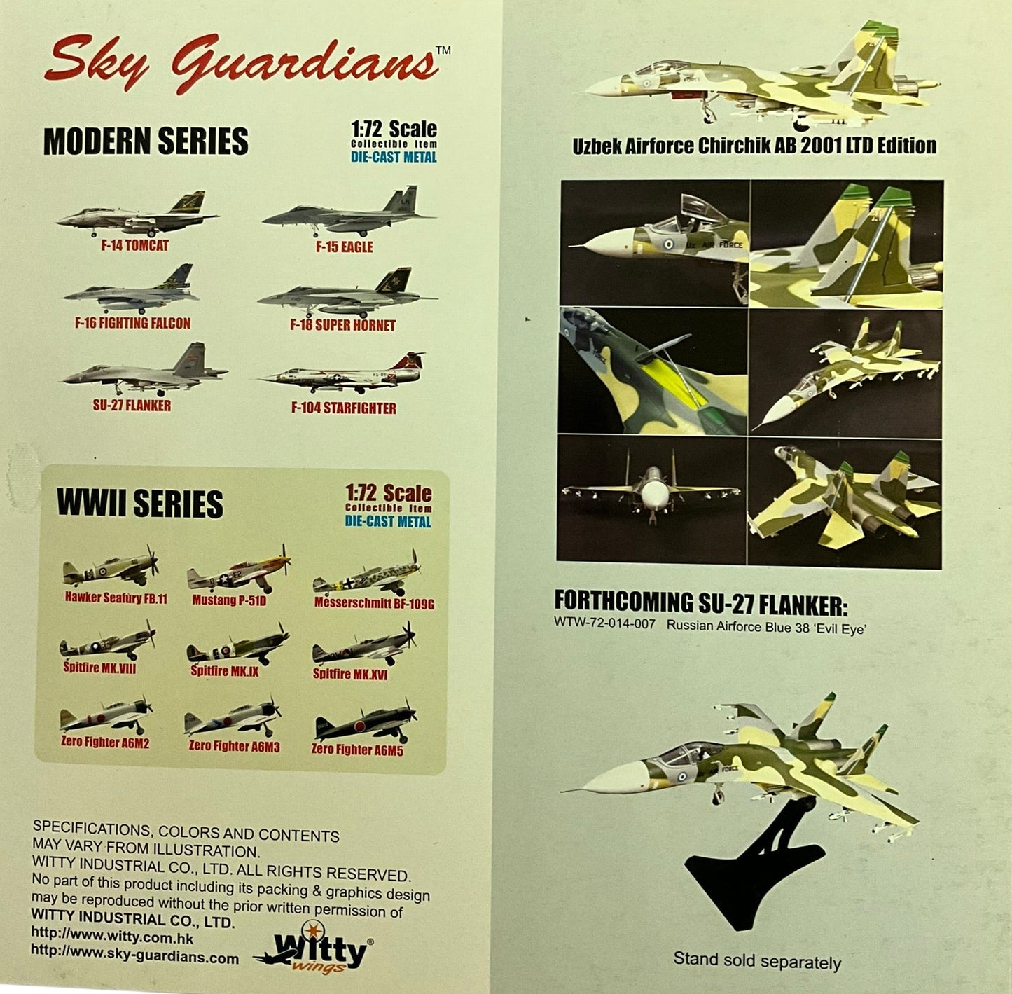 1/72 (Witty Wings) Sky Guardians (WTW-72-014-008) Sukhoi SU27 Flanker-B (White 21) Green/Tan/Grey Splotch Pattern Camo, Chirchik AB, 59th Fighter-Bomber Aviation Regiment, Uzbek Air Force (Limited Edition) 2001 Release