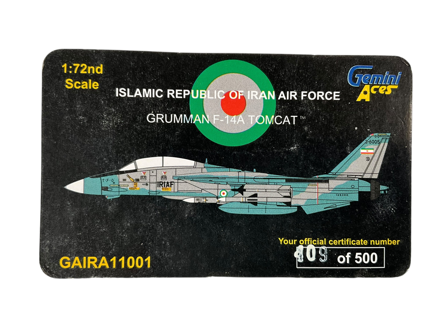 1/72 Gemini Aces (GA-IRA-110-01) Grumman F14A Tomcat (3-6005) Grey & Blue Camo Islamic Republic of Iran Air Force (Limited Edition #409 of Only 500) 2014 Release
