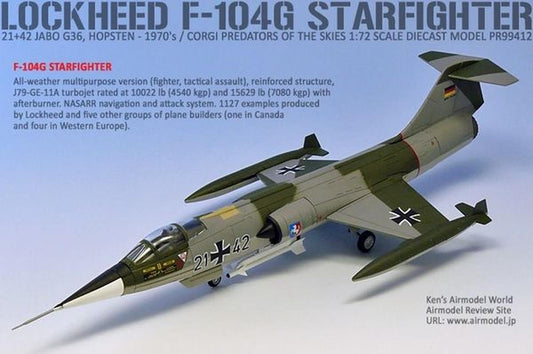 1/72 CORGI (PR99412) MESSERSCHMIDT-BOLKOW F104G STARFIGHTER (21-42) (c/n 683D-7010) DEUTCHE BUNDES LUFTWAFFE JBG36 " WESTFALEN " HOPSTEN A.B., WESTFALEN, DEUTCHLAND 1974 (LIMITED EDITION)