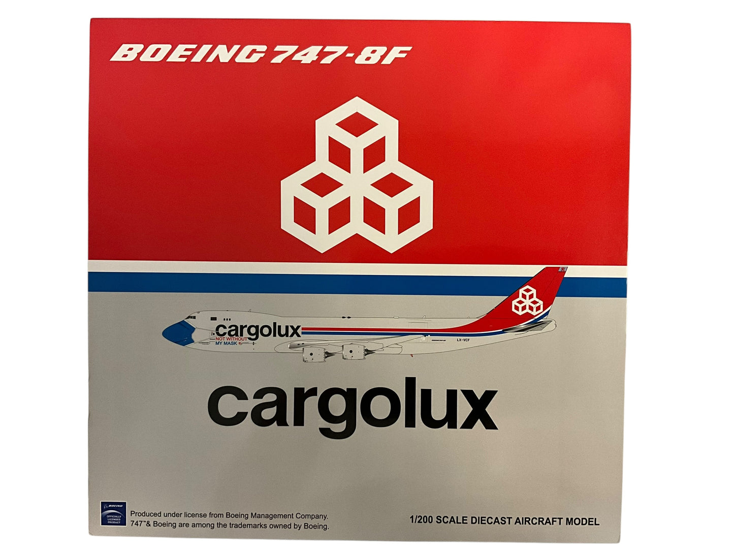 1/200 JC Wings (XX20079C) Boeing B747-8F (LX-VCF) "Not Without My Mask" (Interactive Series) Cargolux (Limited Edition) 2021 Release