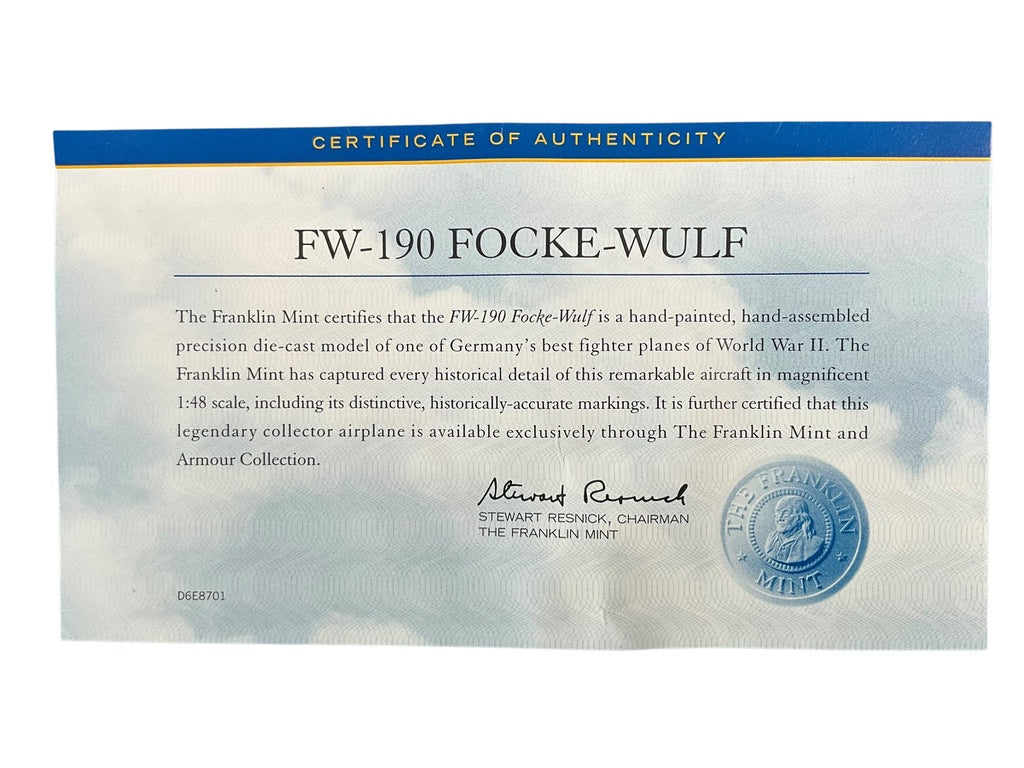 1/48 Franklin Mint/Armour (B11B586/98163) Focke-Wulf Fw190A flown by WWII Ace (68 Kills) Hptm. Fritz Losigkeit, Kdr. I/JG1 Deutsche Reich Luftwaffe (Limited Edition)