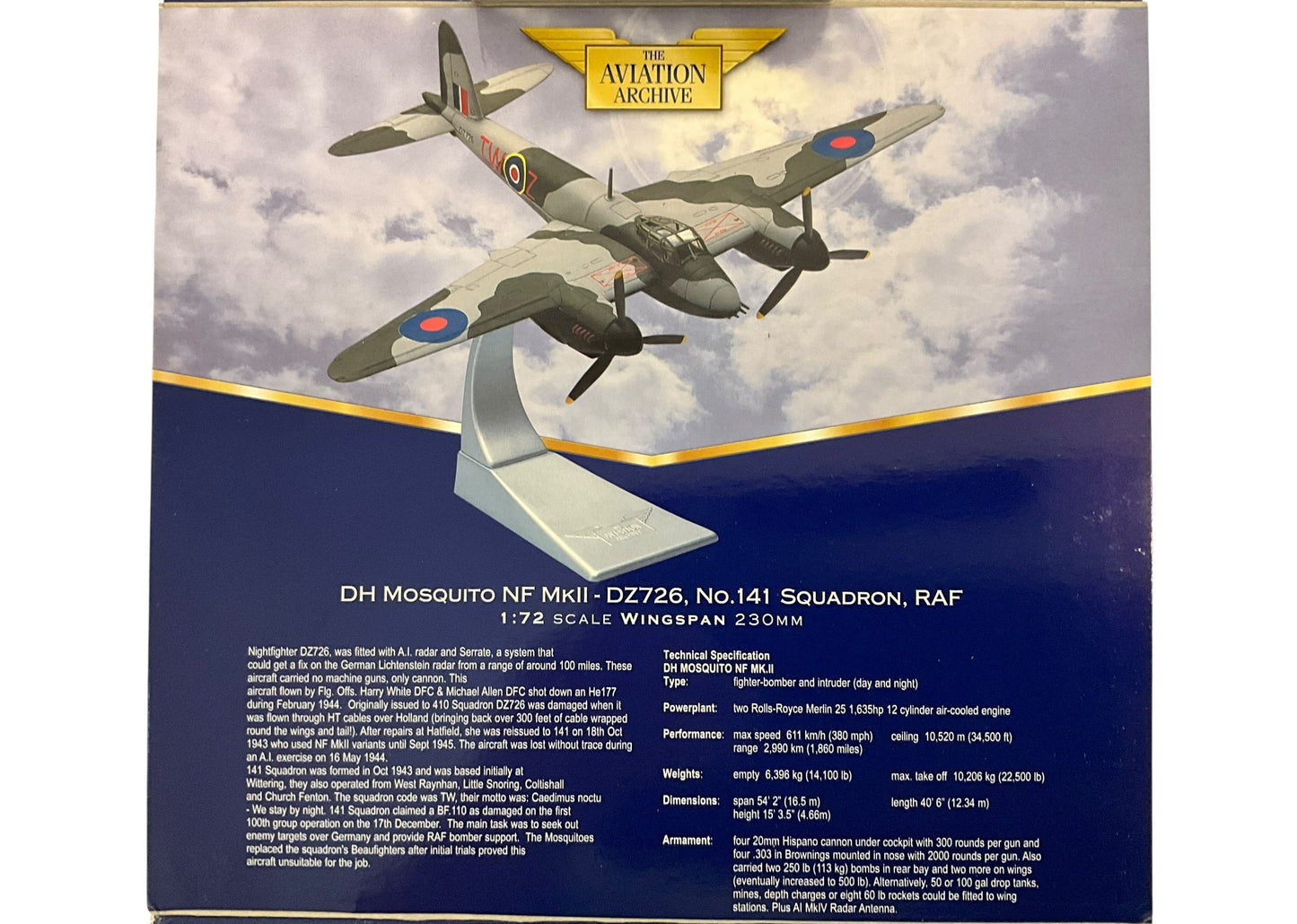1/72 Corgi (AA32803) DeHavilland Mosquito NF Mk.II (TW-Z / DZ726) flown by F/O Harry White D.F.C & F/O Michael Allen D.F.C., No.141 Sqdn R.A.F. (Limited Edition #4784 of Only 5400)