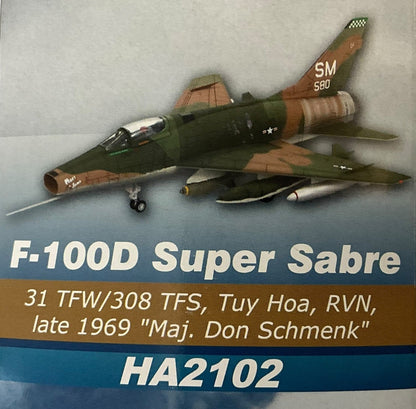 1/72 HobbyMaster (HA2102) North American F100D Super Sabre (56-3580) "Mary Jane" flown by Maj. Don Schmenk late 1969 Tuy Hoa, South Vietnam 31st TFW 308th TFS, U.S.A.F. (Limited Edition of 2100) Sept 2008 Release