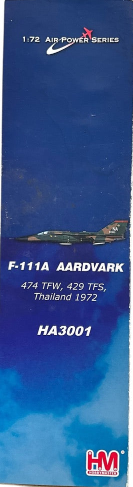 1/72 Hobbymaster (HA3001) General Dynamics F111A Aardvark (AF67-065) "Operation Linebacker" 1972 Takhli RTAFB Thailand, 474 TFW, 429 TFS Black Falcons, U.S.A.F. (Limited Edition of 3500) 2010 Release