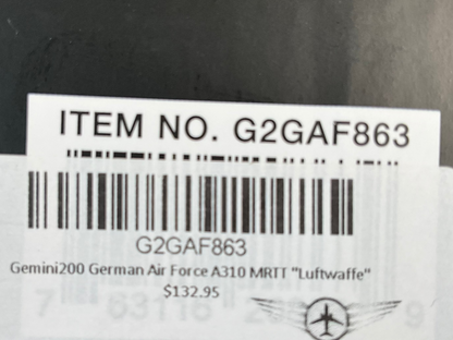 1/200 Gemini200 (G2GAF863) Airbus A310-304MRTT (10+25) "Hermann Kohl" Lo-Vis Grey Livery Lufttransportgeschwader 62, or LTG 62 at Wunstorf Air Base, Deutsche Bundes Luftwaffe (Limited Edition) 2020 Release
