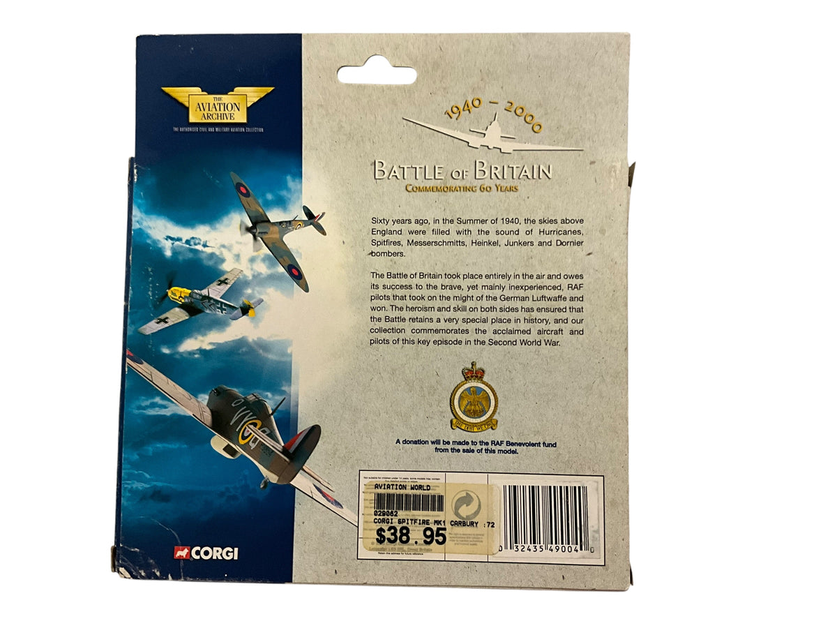 1/72 Corgi (49004) Supermarine Spitfire Mk.1 (R6835 / XT-W) flown by Flg.Off. Brian Carbury (N.Z. Ace 15+1/2 Kills) No.603 Sqdn. R.A.F. (Limited Edition) 2000 Release
