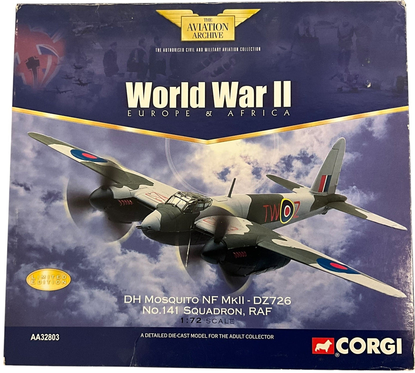 1/72 Corgi (AA32803) DeHavilland Mosquito NF Mk.II (TW-Z / DZ726) flown by F/O Harry White D.F.C & F/O Michael Allen D.F.C., No.141 Sqdn R.A.F. (Limited Edition #4784 of Only 5400)