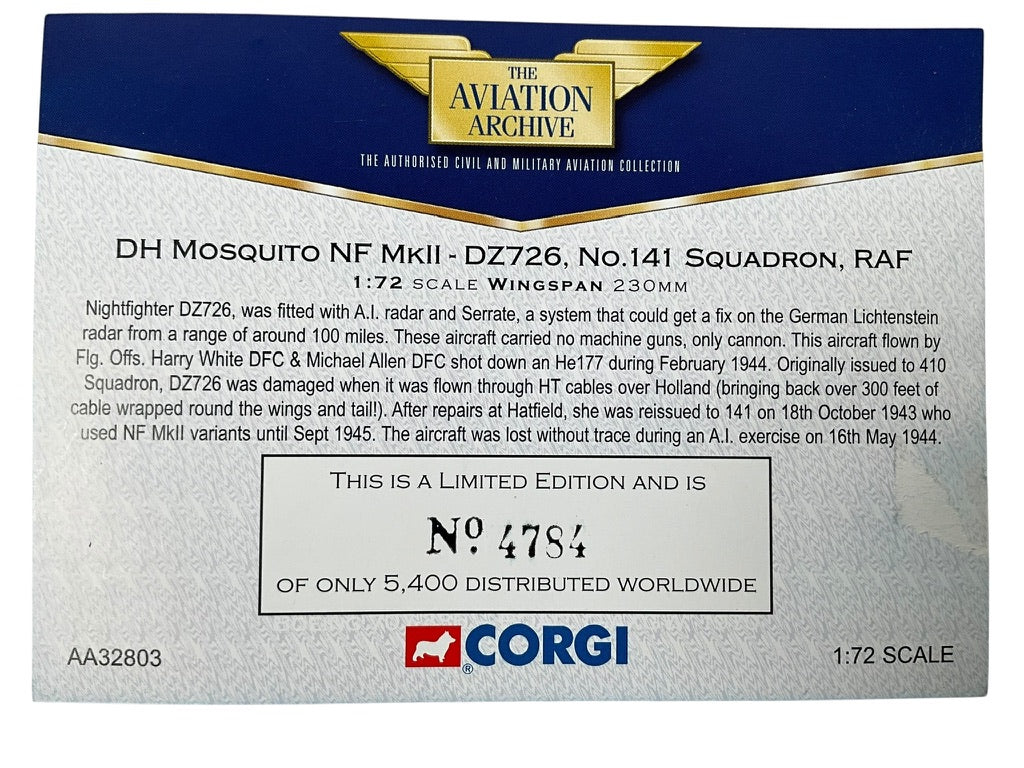 1/72 Corgi (AA32803) DeHavilland Mosquito NF Mk.II (TW-Z / DZ726) flown by F/O Harry White D.F.C & F/O Michael Allen D.F.C., No.141 Sqdn R.A.F. (Limited Edition #4784 of Only 5400)