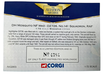 1/72 Corgi (AA32803) DeHavilland Mosquito NF Mk.II (TW-Z / DZ726) flown by F/O Harry White D.F.C & F/O Michael Allen D.F.C., No.141 Sqdn R.A.F. (Limited Edition #4784 of Only 5400)