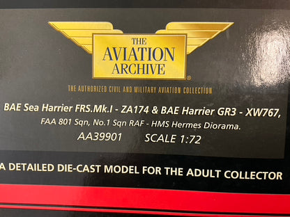 1/72 Corgi (AA39901) B.A.E. Sea Harrier FRS.Mk1 (ZA174) FAA 801 & Harrier GR3 (XW767) No.1 Sqn RAF HMS Hermes Diorama (Limited Edition #1331 of ONLY 1460)