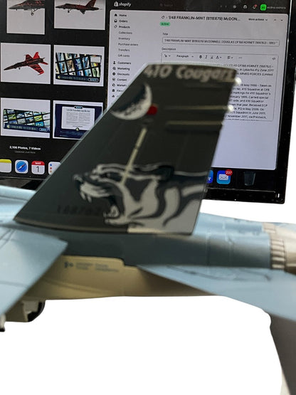 1/48 FRANKLIN-MINT (B11E679) McDONNELL DOUGLAS CF188 HORNET (188762) - 1993 "50th Anniversary of 410 Cougars Sqdn"  Airshow Livery - in Lybia No-Fly Zone 2011 - 410 Sqdn C.F.B. Cold Lake, Alberta - CANADIAN ARMED FORCES (Limited Edition of Only 400)