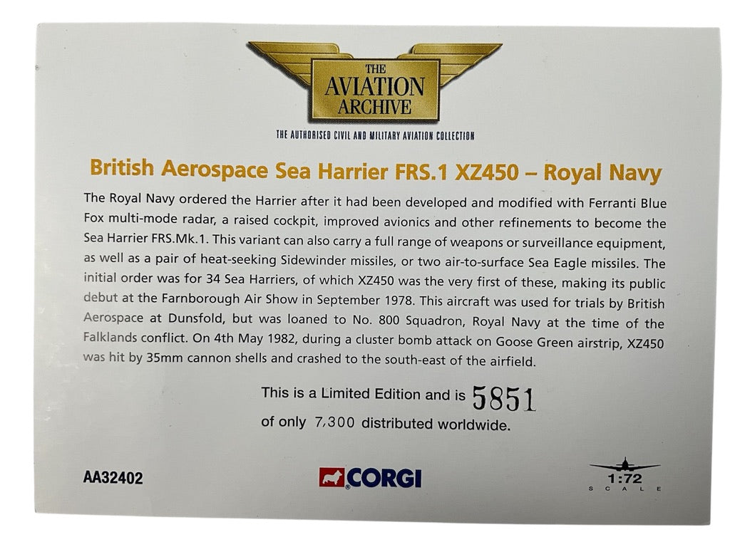 1/72 Corgi (AA32402) British Aerospace Sea Harrier FRS.1 (XZ450) "Shot-Down in Falklands May 4th, 1982" No. 800 Sqdn, Royal Navy (Limited Edition #5851 of 7500) 2011 Purchase .