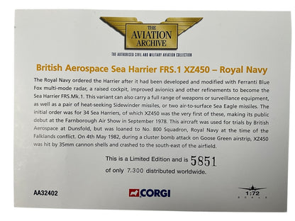 1/72 Corgi (AA32402) British Aerospace Sea Harrier FRS.1 (XZ450) "Shot-Down in Falklands May 4th, 1982" No. 800 Sqdn, Royal Navy (Limited Edition #5851 of 7500) 2011 Purchase .