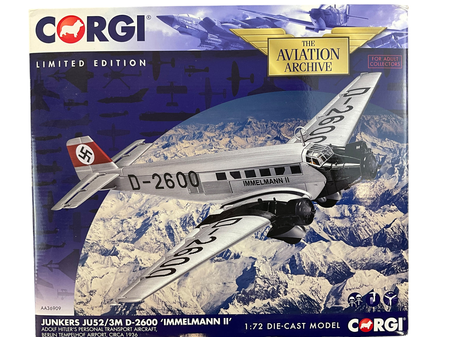 1/72 CORGI (AA36909) JUNKERS JU52-3Mfe (D-2600) * IMMELMANN-II * LUFTHANSA (2nd-LIVERY THIRD-REICH) * ADOLF HITLER'S PERSONAL TRANSPORT AIRCAFT * 1933-1945 (LIMITED EDITION #789 of ONLY 1200)