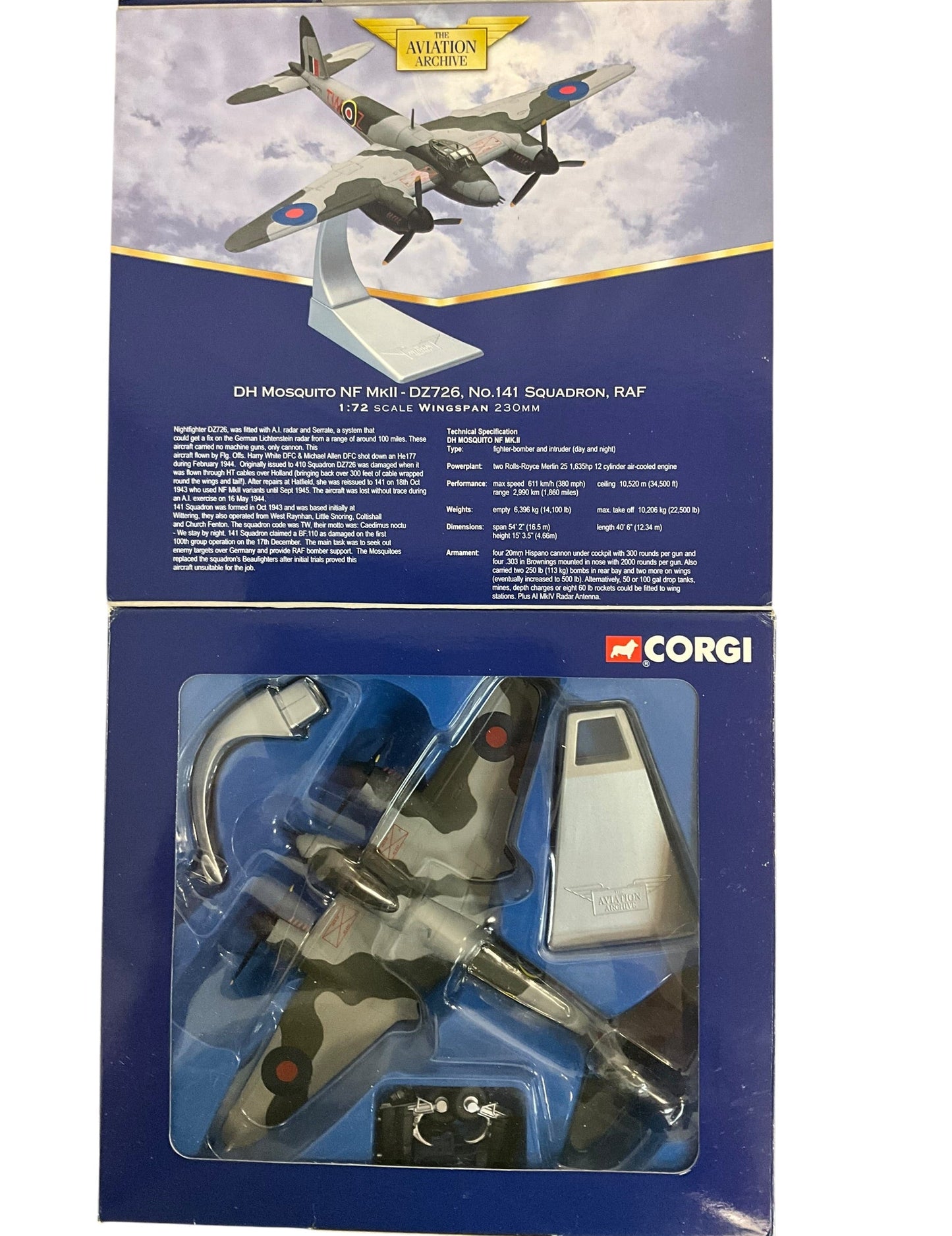 1/72 Corgi (AA32803) DeHavilland Mosquito NF Mk.II (TW-Z / DZ726) flown by F/O Harry White D.F.C & F/O Michael Allen D.F.C., No.141 Sqdn R.A.F. (Limited Edition #4784 of Only 5400)