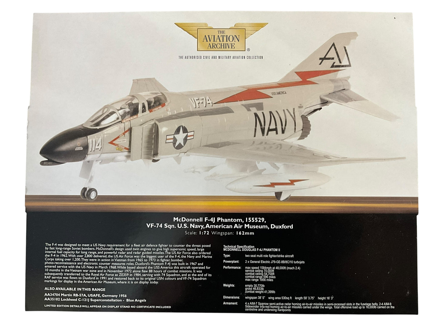 1/72 Corgi (AA33212) McDonnell Douglas F4J Phantom II (#114 cx/n 155529) Vietnam War 1972 U.S.S. America VF-74 U.S. Navy (Limited Edition #1801 of 2500) 2008 Release