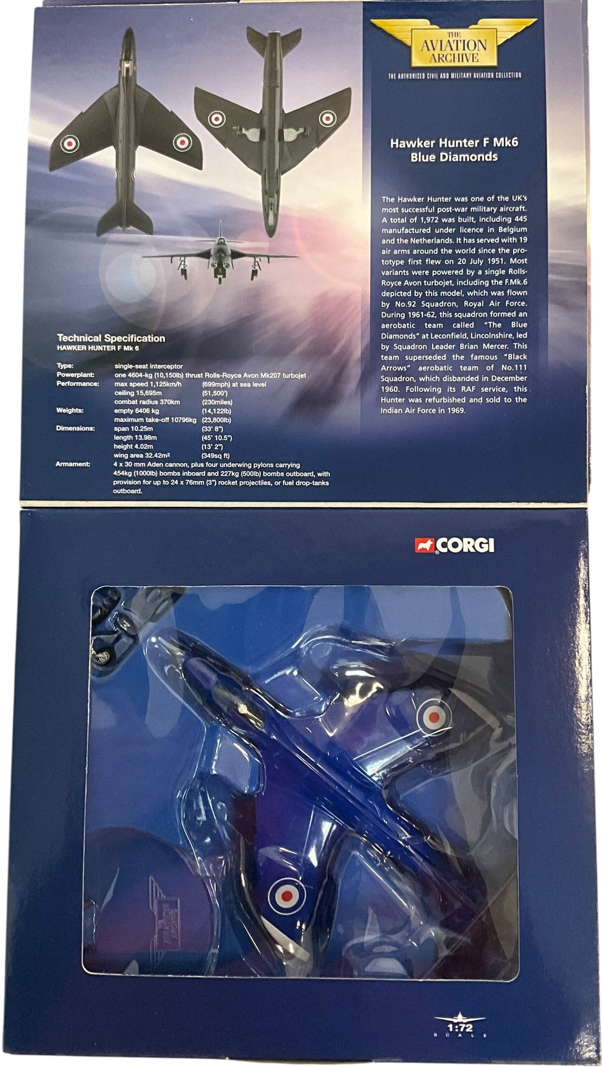 1/72 Corgi (AA32701) Hawker Hunter F Mk.6 flown by S/L Brian Mercer of the "Blue Diamonds" at  Leconfield, Lincolnshire 1961-62, 92 Sqdn R.A.F. (Limited Edition #2081 of Only 4000)