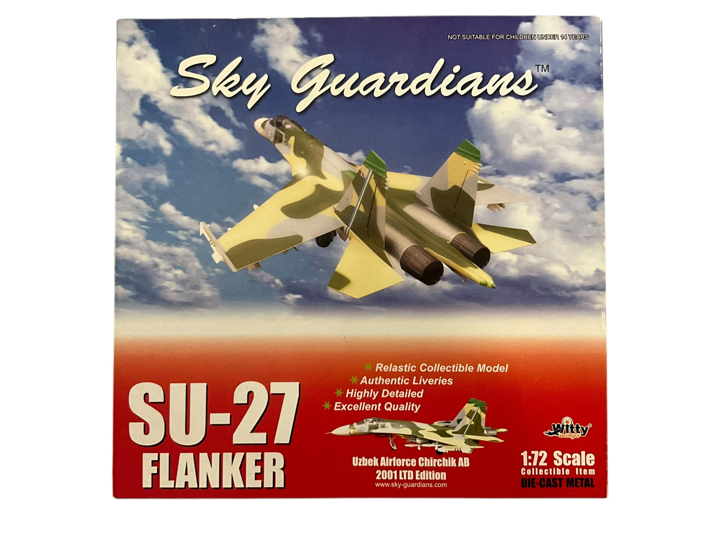 1/72 (Witty Wings) Sky Guardians (WTW-72-014-008) Sukhoi SU27 Flanker-B (White 21) Green/Tan/Grey Splotch Pattern Camo, Chirchik AB, 59th Fighter-Bomber Aviation Regiment, Uzbek Air Force (Limited Edition) 2001 Release