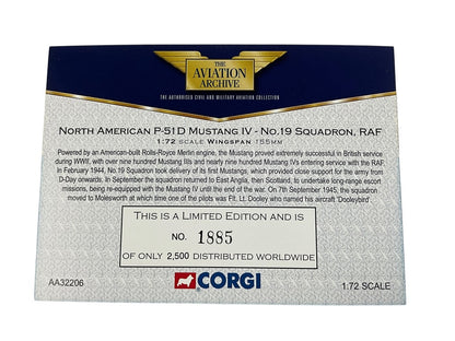 1/72 Corgi (AA32206) North American P51D Mustang IV (KM272) "DooleyBird" flown by Fl/Lt Dooley No.19 Sqdn R.A.F. England 1945 (Limited Edition #1885 of Only 2500)
