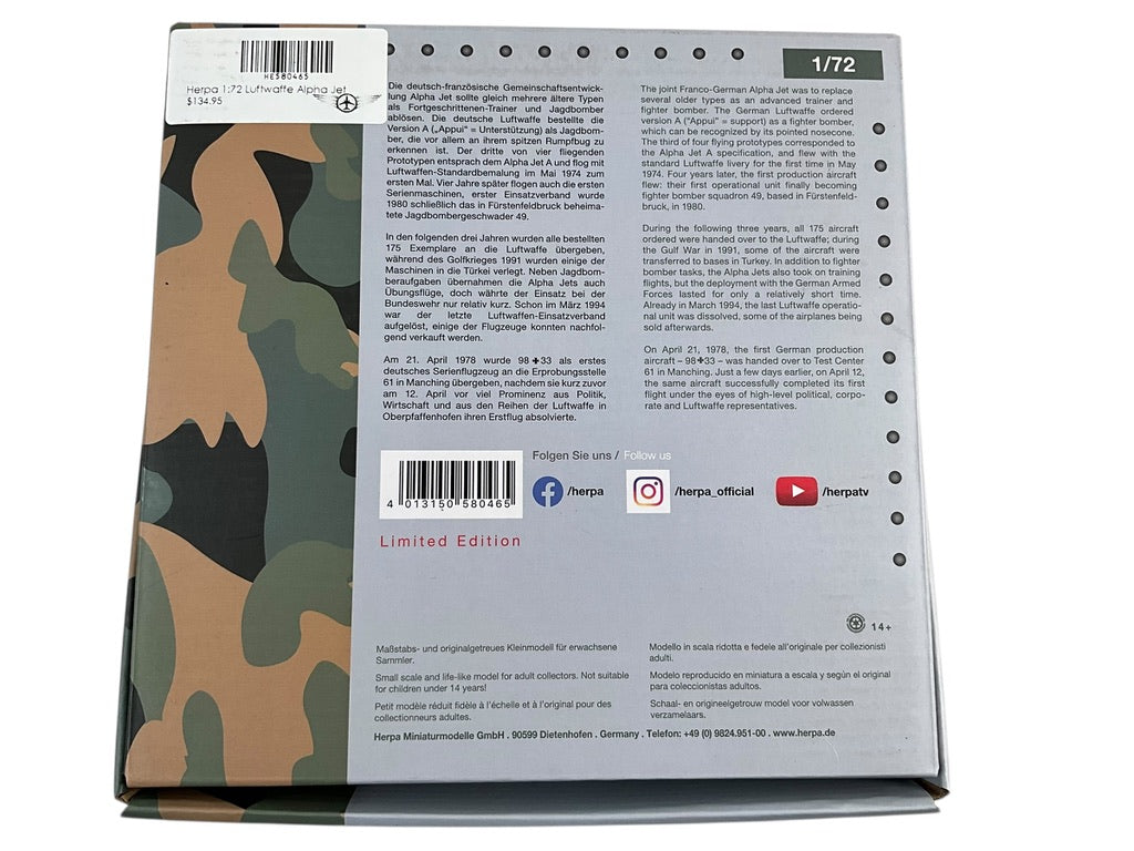 1/72 Herpa (580465) Dornier AlphaJet-A (98+33) Erpobungsstelle 61, Manching  Deutsche Bundes Luftwaffe (Limited Edition)