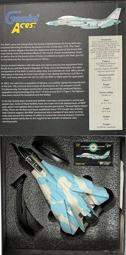 1/72 Gemini Aces (GA-IRA-110-01) Grumman F14A Tomcat (3-6005) Grey & Blue Camo Islamic Republic of Iran Air Force (Limited Edition #409 of Only 500) 2014 Release