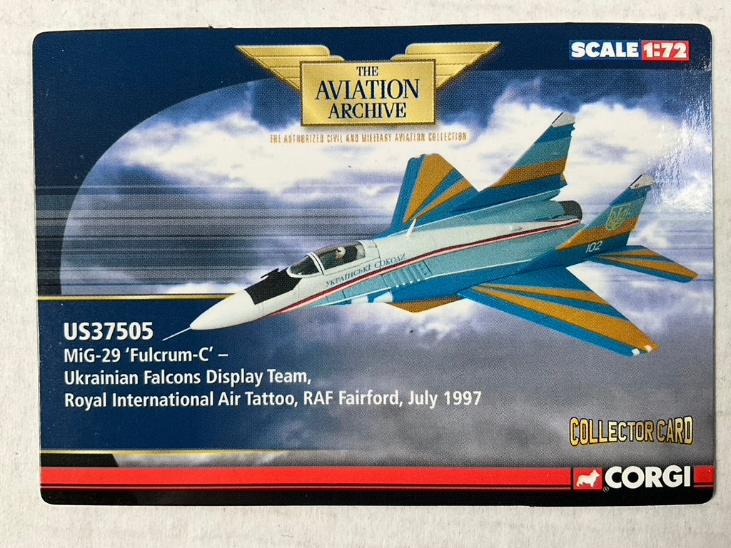 1/72 Corgi (US37505) MiG29A Fulcrum-C (White 102) "Ukrainian Falcons Display Team" Intl Air Tattoo, RAF Fairford 1997, Ukraine Air Force (Limited Edition #0562 of Only 1000)