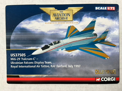 1/72 Corgi (US37505) MiG29A Fulcrum-C (White 102) "Ukrainian Falcons Display Team" Intl Air Tattoo, RAF Fairford 1997, Ukraine Air Force (Limited Edition #0562 of Only 1000)